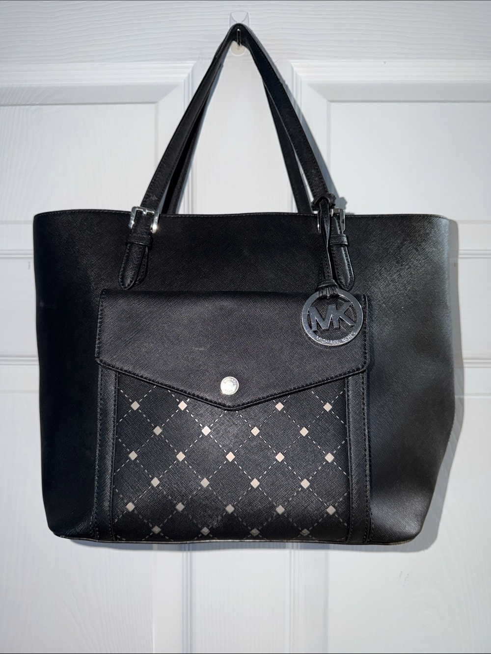 Authentic Michael Kors Black Quilted Front-Pocket Tote with Logo Charm